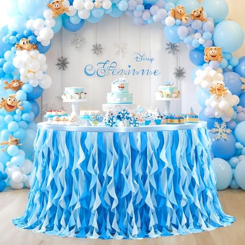 Partisky Ocean Blue Tulle Tutu Ruffle Curly Willow Table Skirt for Rectangle Table 9ft,Under The Sea Baby Shark Themed Table Cloth for Boys Girls Birthday Party or Baby Shower - Image 2