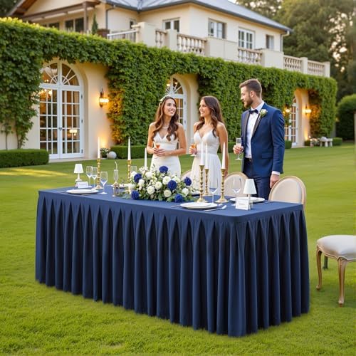 2 Pack Navy Blue Rectangle Tablecloth 8 FT Stretch Spandex Fitted Table Cloth for 8 Foot Rectangle Tables Banquet Tablecloths Wrinkle Free Table Cover Skirt Stitch Ruffle Tablecloth for Party Wedding - Image 3