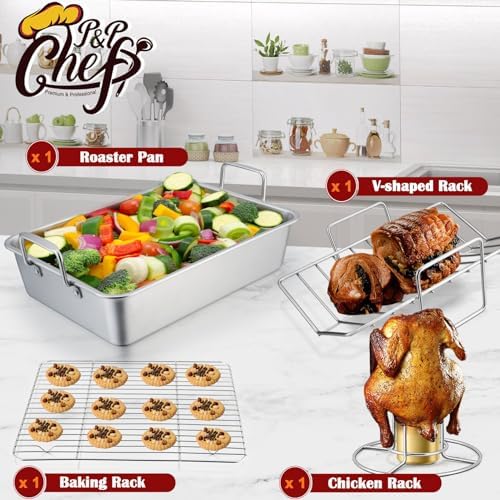 P&P CHEF Roasting Pan,8 PCS, 14 Inch Stainless Steel Turkey Roaster Pan Set - Image 4