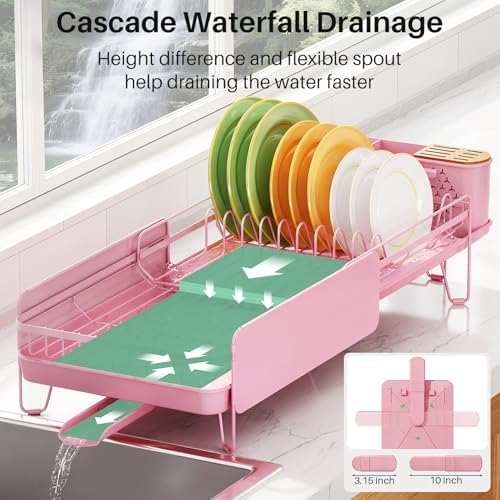 SNTD Large Dish Drying Rack for Kitchen Counter, Expandable, Pink - Image 4
