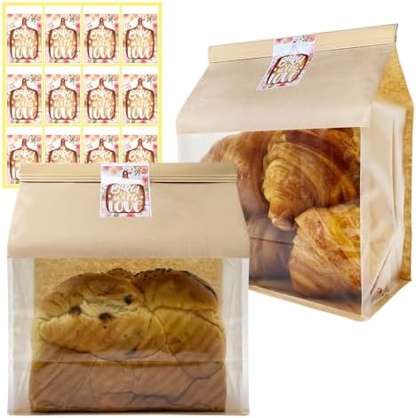 BIUBIU 100ct 8.7×4.3×11inch Thicker Large Bread Bags for Homemade with Window, Twist Tie & Sticker Label - Ideal for Sourdough Bread, Loaf, Bakery, Pastry & Baked Goods, Brown Paper & Flat Bottom by Unknown