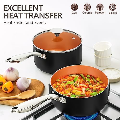 MICHELANGELO Saucepans, 2QT & 3QT Copper Saucepan Set With Non-stick Ceramic Interior For Multipurpose Use, Nonstick Saucepan With Lid, Copper Small Pots 2 Quart & 3 Quart - Image 3
