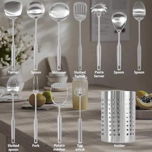 304 Stainless Steel Cooking Utensils Set with Holder, 12 PC Metal Kitchen Utensils Gadgets Sets with Potato Masher, Pasta Server, Fork, Turner, Skimmer, Spoon - Image 3
