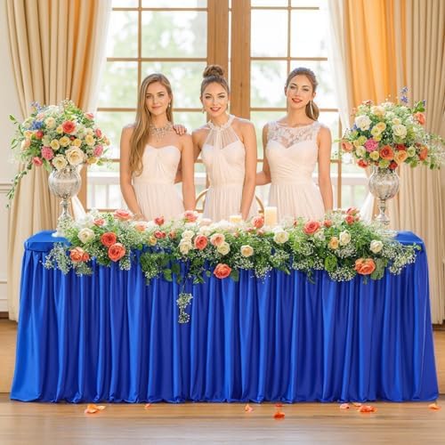 Wish Care Royal Blue Polyester Table Clothes for 8 Foot Rectangle Tables, Wrinkle Free Fitted Table Cover with Pleated Ruffle Table Skirt for Birthday Party Wedding Trade Show Event Display - Image 6