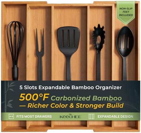 Carbonized Bamboo Kitchen Drawer Organizer, 5 Slots Expandable Silverware Organizer, Utensil Holder & Cutlery Tray, 2.2" Deep for Extra Capacity, Non-Slip Feet Included. by Keechee