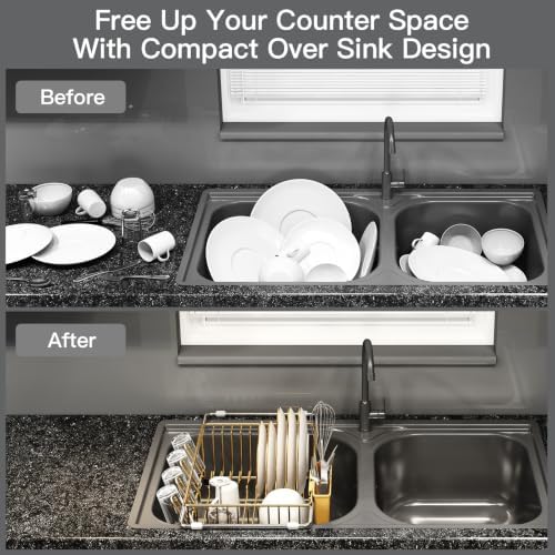 MAJALiS Gold Dish Drying Rack Over Sink with Utensil Holder, Drainboard - Image 2