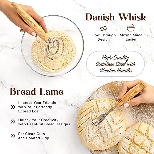 ABIOTO Sourdough Bread Baking Kit - 14-Piece Set with 9" Round & 10" Oval Rattan Banneton Proofing Baskets, Liners, Bread Lame, Danish Whisk & Scrapers for Home Bakers (Pack of 2) - Image 4