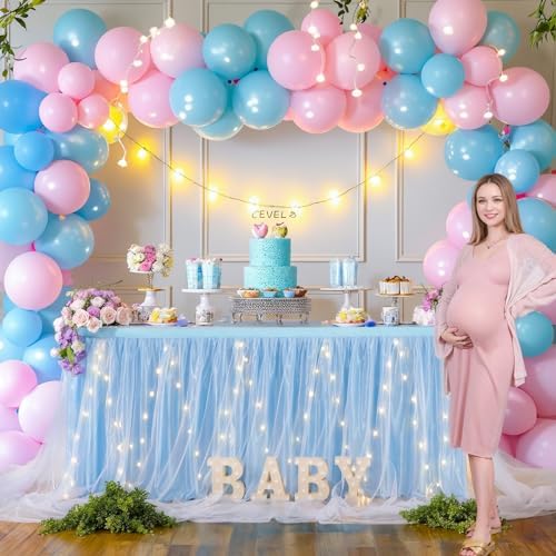 PARTISKY Blue Tulle Tutu Table Skirt for Rectangle Tables or Round Tables,Led Light String Table Cloth for Boys Girls Baby Shower Baby Shark Themed Party Dessert/Cake Tables - Image 2