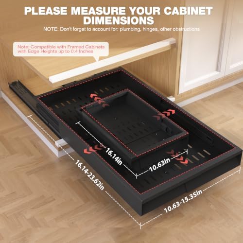 Seinloes Pull Out Cabinet Organizer, 4-Side Expandable to Fit Most Cabinets, 3 Rail Slide Out Drawers with Raising Pad for Framed & Frameless Cabinets, 11"-16" W x 17"-24" D, Black, 2 Pack - Image 5