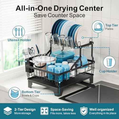 GSlife Dish Rack for Kitchen Counter - 2 Tier Dish Drying Rack, Black - Image 2