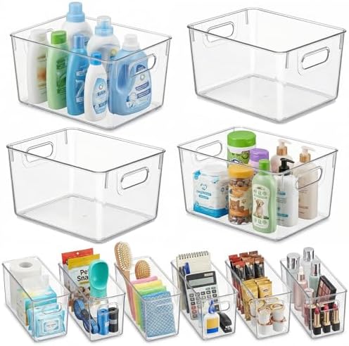 MOONEDGE 10 Pack Clear Plastic Storage Organizer Bins, 4 Large & 6 Narrow by MOONEDGE