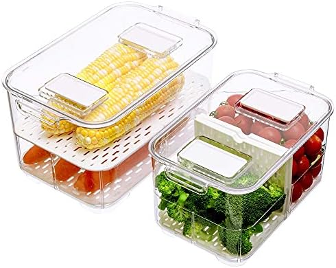 SANNO Vegetable Fruit Containers Fridge Food Storage Produce Saver Container Stackable Refrigerator Freezer Organizer Fresh Keeper Drawers Organizer set of 2 - Image 2