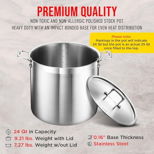 Stainless Steel Stockpot with Lid 24 Quart, Durable 18/8 Stainless Steel, Impact-Bonded Base for Even Heating, Riveted Handles, Oven & All Stove Compatible, Safe Up To 500°F (260°C) - Image 6