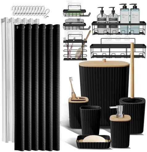 Clara Clark Black Bathroom Set, Shower Curtain Set and Shower Caddy Hanging by ClaraClark