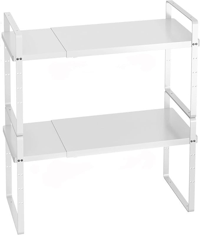 iPEGTOP Expandable Cabinet Storage Shelf Organizer Rack, 2 Pack Heavy Duty Steel Metal Spice Rack Adjustable Height Garage Pantry Shelf Space Riser for Counter Kitchen Organization, White by iPEGTOP
