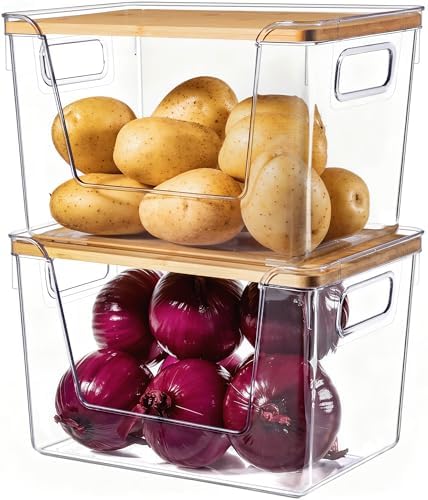 Criusia 2 Set Pantry Organizers and Storage with Bamboo Lids, Stackable Clear Bins for Onion, Potato, Fruit, Vegetables, Trash Bag Dispenser, Kitchen and Under Sink Organizer by Criusia