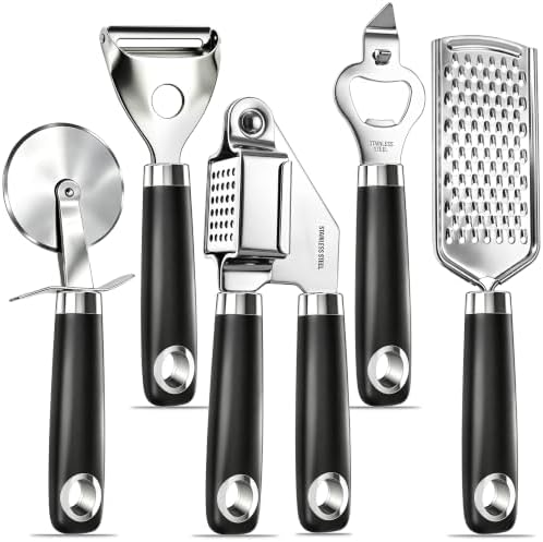 Kitchen 18/0 Stainless Steel Gadgets Utensil Set, Good Grip Utensils, Can Opener, Cheese Grater, Peeler, Pizza Cutter, Garlic Press, 5 Pcs by MUJINON