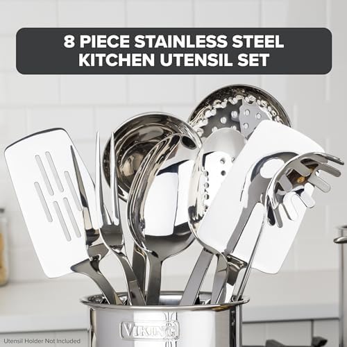 Viking Kitchen Utensils Set, 8 Piece Stainless Steel Cooking Utensil Set, Includes Spatulas, Spoons, Pasta Fork, Deep Ladle, Meat Fork, and Skimmer, Silver - Image 2