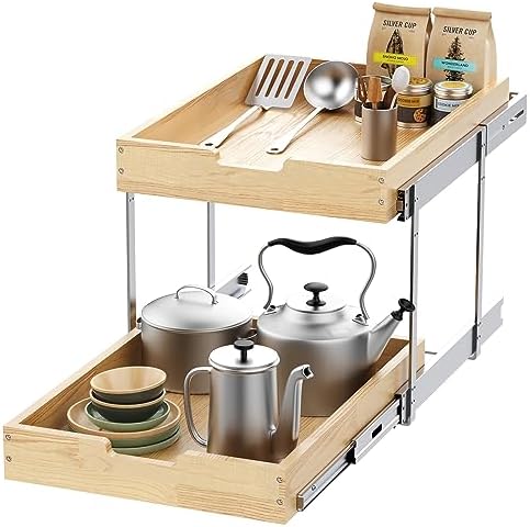 Sikarou Wood Pull Out Cabinet Organizer 2 Tie 11" W x 21" D for 12" Cabinet Opening, Heavy-Duty Sliding Drawers for Inside Cabinets Storage and Organization for Kitchen, Pantry, Bathroom by SikarouStorageSpecialist