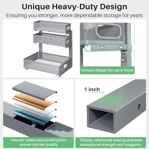 Kitstorack Under Sink Organizer, 1-Pack 3-Tier Height Adjustable Thickened Metal Pull out Cabinet Organizer Shelf, Slide out Storage Drawer Rack for Bathroom Kitchen Pantry Home Organization, Grey - Image 5