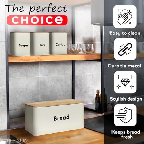 Plexon Bread Box for Kitchen Countertop with 3 Coffee Tea Sugar Canisters, Metal 4-Piece Bread Box Set with Bamboo Cutting Board Lid, Beige - Image 3