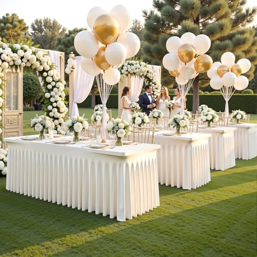 6 Pack 8ft Ivory Spandex Table Cloths for Rectangle Tables Wrinkle Free Ivory Rectangle Tablecloths, Stretch Fitted Table Cover with Skirt for Wedding Birthday Party Banquet Baby Shower Buffet Event - Image 4