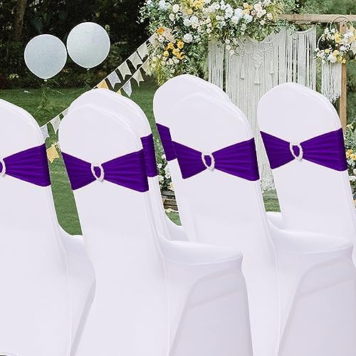 Pack of 30 Spandex Chair Sashes Bows Stretch Chair Cover Band with Buckle Slider Universal Elastic Chair Ties for Wedding Banquet Party Event Decoration (Purple) - Image 7
