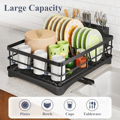 SAYZH Dish Drying Rack for Kitchen Counter with Utensil Holder, Black - Image 2