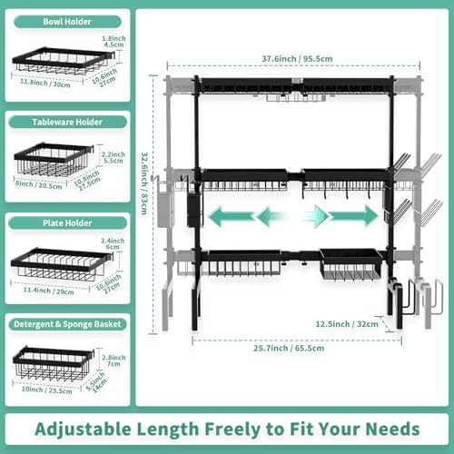 Over The Sink Dish Drying Rack,Expandable Length 3-Tier Large Stainless Steel Over The Sink Dish Rack with 6 Baskets, Utensil Holder Dish Drainers for Kitchen Counter - Image 4