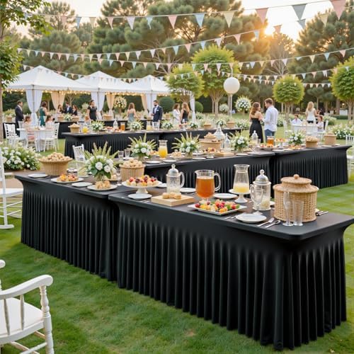 6 Pack Black Spandex Table Covers & Table Skirt for 6FT Rectangle Tables - Fitted 6 Foot Stretch Fabric Tablecloth with Pleats, Wrinkle Free for Weddings, Parties, Craft Fairs & Folding Tables - Image 2
