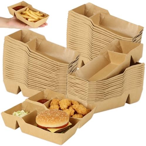 200 PCS 2 Compartment Disposable Paper Boats for Serving Food Disposable Kraft Nacho Boat Grease Resistant Snack Serving Tray with Sauce Holder Heavy Duty Nacho Trays Paper Food Snack Holder by LOPYXBR