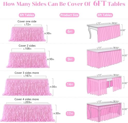 PARTISKY Pink Tulle Curly Willow Table Skirt for Rectangle Table 6ft, Ruffle Tutu Table Cloth for Girls Baby Shower,Birthday Party Candy Cake Tables - Image 6