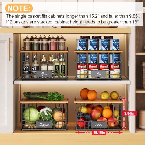 2 Pack Stackable Wire Baskets with Bamboo Top,Pantry Organizers Counter | Potato and Onion Storage Bin with Labels & 2 Pads, Kitchen Organization for Fruit, Vegetable, Produce, Bread, Cabinet - Image 4