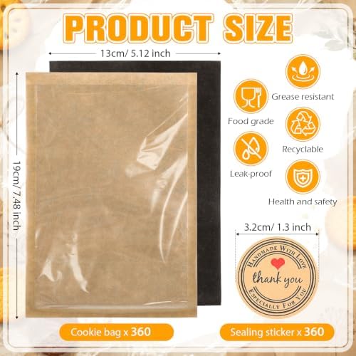 Fullhawl 360 Pcs Heat Sealable Bakery Cookie Bags with Window 5.1x7.5 Inch Grease Resistant Kraft Bakery Pastry Bags with Thank You Stickers for Packaging Donut Bread Good Sandwich Baked Treat (Black) - Image 2