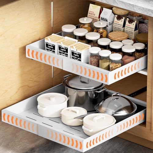 YJHome 2 Pack Pull Out Cabinet Organizer, No Drill Expandable Width 12"-20" & 21" Depth, Adhesive or Screw-In Installation, Magnetic Divider for Custom Storage, for Kitchen Pantry Bathroom Cabinet by YJHome