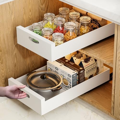 HBL' 2 Pack | 21" Deep Pull Out Cabinet Organizer Adhesive, 10-Inch Wide Sturdy Carbon Steel Roll-Out Drawers, Designed for Frameless Cabinets, Slide-Out Shelves for Pantry. by HBL