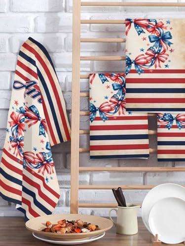 4th of July Hand Towels Set,Waffle Weave Kitchen Towels 2PCS,Country Patriotic USA Flag Bow Garland Stripes Microfiber Hair Face Bath Tea Towel Absorbent Quick Drying Cleaning Dish Cloths,15.7"x23.6" - Image 2