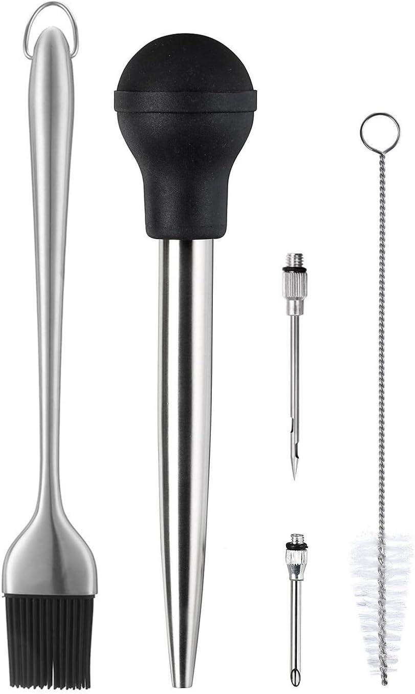 Kaycrown Stainless Steel Turkey Baster With BBQ/Grill Basting Brush, Commercial Grade Quality Rubber Bulb Including 2 Flavor Needles And Cleaning Brush For Easy Clean Up