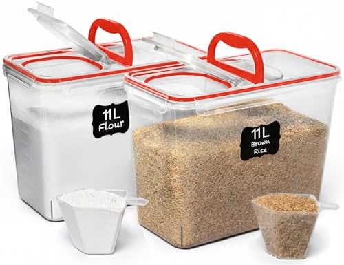 Shazo 2 PC (11L | 372 oz) Flour Sugar Storage Containers with Spout Lid & Easy Carry Handle - BPA Free Extra Large Airtight Food Storage Containers with Lids - Rice Canisters Sets for Kitchen & Pantry by Shazo