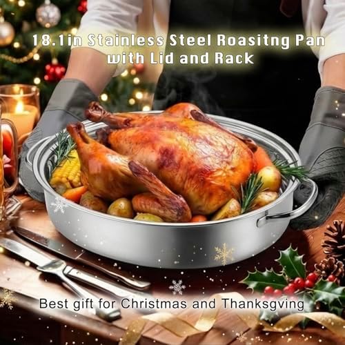18.1" Raised Stainless Steel Roasting Pan with Rack and Lid - Image 6