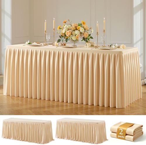 Dark Champagne Polyester Table Cloths for Rectangle 4 Foot Tables, 2 Pack Wrinkle Free Tablecloths Stretchy Banquet Ruffle Fitted Table Cover Desk Skirt for Parties Wedding Birthday Baby Shower by Unknown