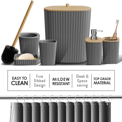 Clara Clark Bathroom Accessories Set - 27PC Bathroom Set with Adhesive Corner Shower Caddy Hanging, Bathroom Sets with Shower Curtain and Rugs, Ombre Grey Shower Curtain Set with Bathroom Trash Can - Image 4