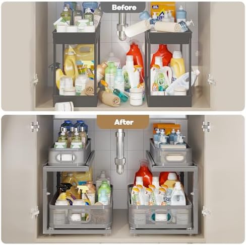 2 Pack 21IN-Depth Under Sink Organizer With Next-Gen Ball-Bearing Slides,2-Tier Precision Mesh Pull Out Cabinet Storage for Bathroom&Kitchen,Height Adjustable Drawers Shelf,Anti-rust-Grey - Image 6