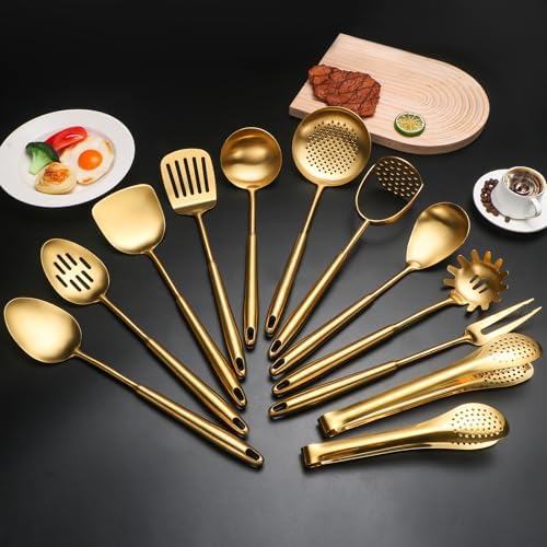 304 Stainlss Steel Matte Kitchen Utensils Set, 12 Pcs Long Metal Cooking Utensil Gadgets Tools Set with Spatula, Ladle, Spoon, Ladle, Skimmer, Tunner, Pasta Server, Tongs(Gold, Dishwasher Safe) - Image 7