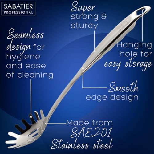 Sabatier Professional Large Metal Spaghetti Server Ladle - Mirror Polished Stainless Steel Fork Spoon to Measure, Drain & Serve Pasta. Strong Construction. 5 Year Guarantee, Dishwasher Safe - Image 3
