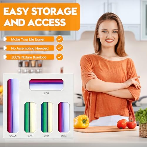 Bamboo Ziplock Bag Storage Organizer for Drawer -White, 5 in 1 Baggie Organizer with 24 Labels - Fits Gallon, Quart, Sandwich & Snack Bags - Wall Mountable Kitchen Drawer Organizer, 3in - Image 6