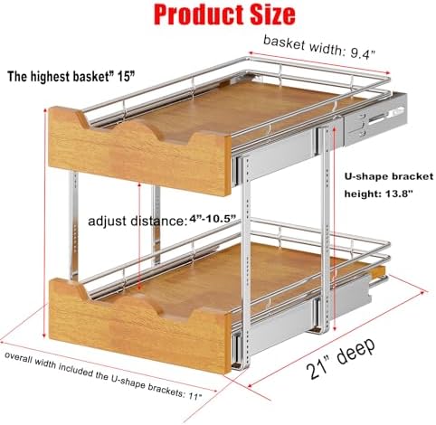 DINDON 2 Tier Pull Out Cabinet Organizer (11" W x 21" D) Slide Out Wood Shelf Organizers Double Tier Kitchen Wire Basket with Chrome Finish… - Image 2