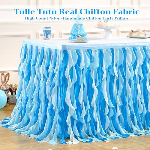Partisky Ocean Blue Tulle Tutu Ruffle Curly Willow Table Skirt for Rectangle Table 6ft,Under The Sea Baby Shark Themed Table Cloth for Boys Girls Birthday Party or Baby Shower - Image 5