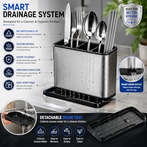 Cutlery Utensil Holder Spoon Fork Storage Organizer for Countertop Kitchen Rustproof, Flatware Caddy Stainless Steel Cutlery Holder Stainless Steel Kitchen Organizer Caddy - Image 5