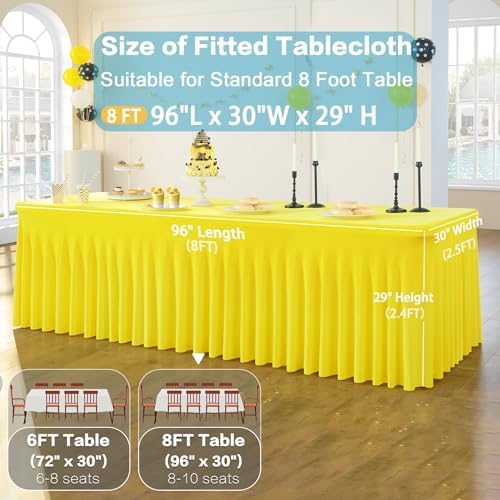 2 Pack Yellow Spandex Table Clothes for 8 Foot Rectangle Tables, Wrinkle Free Lemon Fitted Tablecover 8ft Stretchy Tablecloths with Skirt for Parties Weddings Birthday Banquet Baby Shower - Image 6